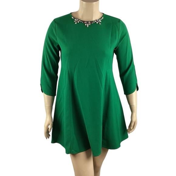 Adelyn Rae Dresses & Skirts - Adelyn Rae Green Rhinestone Embellished Mini Fit Flare Dress Size L 3/4 Sleeve